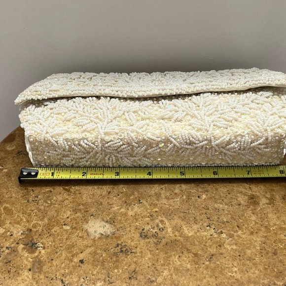 Vintage Stunning White Sequin Beaded Handmade Front Flap Clutch Purse Hong Kong - Picture 10 of 13